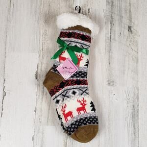 NWT Mari Clare Sherpa Lined Knit Winter Reindeer Design No-Slip Slipper Socks